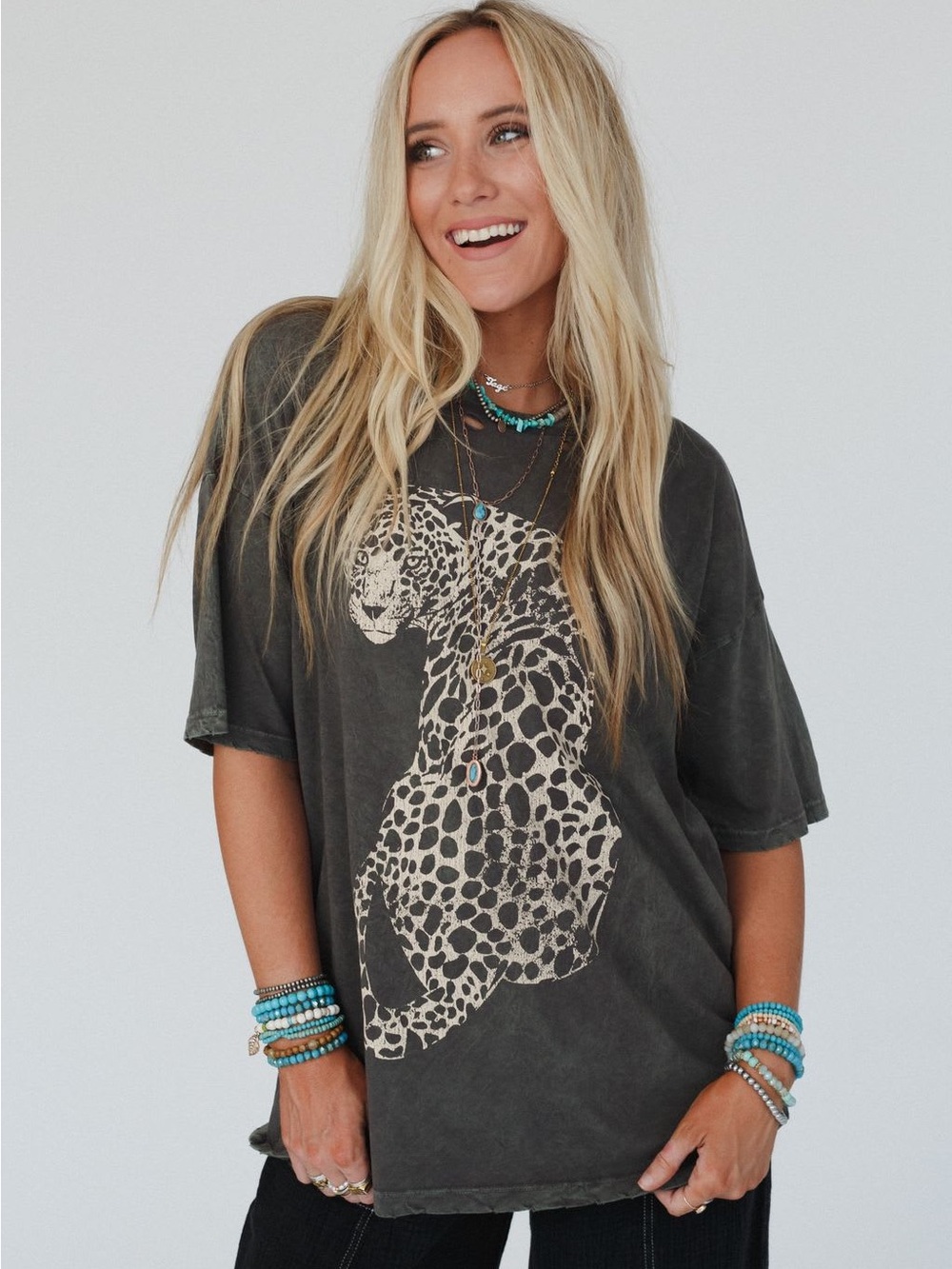 Relaxed Black Leopard Print Short Sleeve Tee - Women